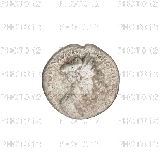 Denarius, Marcianna (Trajan's sister; during Trajan's reign 98–117) and Matidia the Elder (Trajan's niece; 68–119) — iconography: patera, children, busts. Obverse: bust of Marcianna facing right, hair tied with a necklace, topped with a jewel; rim inscription: MARCIANA AVG SOROR IMP TRAIANI. Reverse: Matidia sits between two children, holding a patera in her right hand, resting her left on a chair; rim inscription: CAES AVG GERMA DAC COS VI PP; legend: MATIDIA AVG. Date: 112–113. Roman Empire (27 BC–476). Rome. Coin, weight 2.99 g.