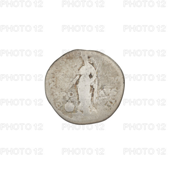 Denarius, Hadrian (76–138; Roman emperor 117–138). Obverse: Bust of Hadrian with laurel wreath facing right; rim inscription TRAIAN. Reverse: Providentia standing left, dressed in a long dress, pointing to a globe in front of her, holding a scepter; rim inscription PMT, COS III; inscriptions on both sides of the figure: PRO AVG. Date: 119–122. Roman Empire (27 BC–476), Rome. Coin; weight 3.01 g.