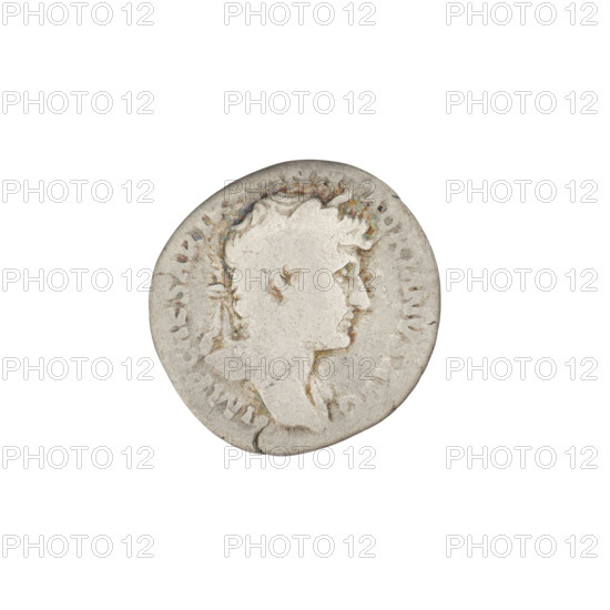Denarius of Hadrian (76–138; Roman emperor 117–138). Obverse: bust of Hadrian right, laurel wreath in hair; rim inscription: IMPCAESARTRAIANHADRIA NOAVG. Reverse: Pax seated left, dressed in a long robe with draperies, holding a statue of Victoria in her right hand and a branch in her left; rim inscription illegible. Date: 119–122. Roman Empire (27 BC–476). Rome. Coin; weight 2.99 g.