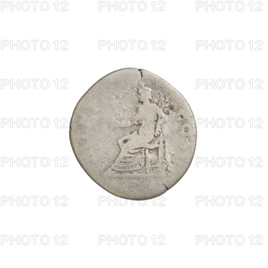 Denarius of Hadrian (76–138; Roman emperor 117–138). Obverse: bust of Hadrian right, laurel wreath in hair; rim inscription: IMPCAESARTRAIANHADRIA NOAVG. Reverse: Pax seated left, dressed in a long robe with draperies, holding a statue of Victoria in her right hand and a branch in her left; rim inscription illegible. Date: 119–122. Roman Empire (27 BC–476), Rome. Coin; weight 2.99 g.