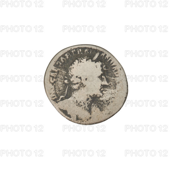 Denarius, Hadrian (76–138; Roman emperor 117–138). Obverse: Bust of Hadrian with laurel wreath facing right; rim inscription 'CAESARTRAIAN'. Reverse: Roma seated left on a chair, wearing a long robe and helmet, holding a figure of Victoria in her outstretched right hand, a vertical spear in her left, with a shield behind her; rim inscription 'PM'. Date: 119–122. Roman Empire (27 BC–476). Rome. Coin. Weight: 3.08 g.