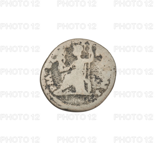 Denarius, Hadrian (76–138; Roman emperor 117–138). Obverse: Bust of Hadrian with laurel wreath facing right; rim inscription: CAESARTRAIAN. Reverse: Roma seated left on a chair, wearing a long robe and helmet, holding a figure of Victoria in her outstretched right hand, a vertical spear in her left, a shield behind her; rim inscription: PM. Date: 119–122. Roman Empire (27 BC–476). Rome. Coin. Weight: 3.08 g.