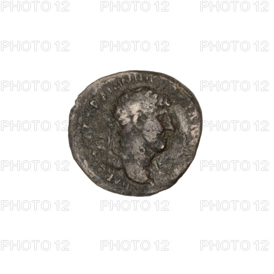 Denarius, Hadrian (76–138; Roman emperor 117–138). Obverse: Bust of Hadrian with laurel wreath facing right; rim inscription illegible. Reverse: Salus (personification) seated left, wearing a long robe; in her outstretched right hand she holds a patera consecrating gifts on the lit altar in front of her, a snake entwined around the altar, her left hand rests on the back of a chair; rim inscription includes M TR P and in the field LVSAVG. Date: 119–122. Roman Empire (27 BC–476), Rome. Coin; weight 2.89 g.