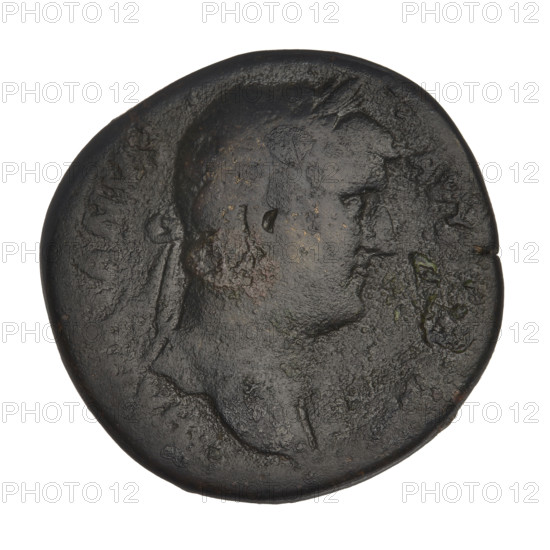 Sestertius of Hadrian (76–138; Roman emperor 117–138). Obverse: Bust of Hadrian with laurel wreath facing right; rim inscription: HADRIANVSAVGCOS III PP. Reverse: Diana standing left, dressed in a long robe, holding an arrow in her right hand, her left hand resting on a bow; no rim inscription; letters SC on both sides of the figure. Date: 119–138. Roman Empire (27 BC–476), Rome. Coin, weight 23.43 g.