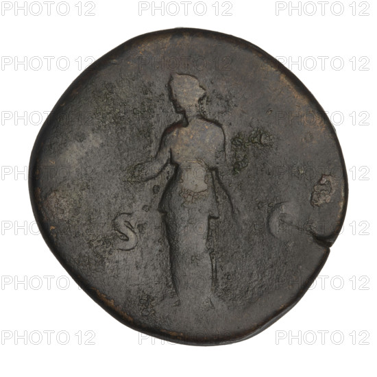 Sestertius of Hadrian (76–138; Roman emperor 117–138). Obverse: bust of Hadrian with laurel wreath facing right; rim inscription HADRIANVS AVG COS III PP. Reverse: Diana standing left, wearing a long robe, holding an arrow in her right hand and resting her left hand on a bow; letters S C on both sides of the figure. Date: 119–138. Roman Empire (27 BC–476), Rome. Coin; weight 23.43 g.
