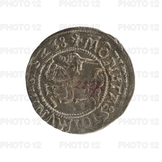 Lithuanian half-grosz, Sigismund I the Old (king of Poland; 1506–1548). Obverse: Chaser (Chase? coat of arms of Lithuania) turned left; in the rim between pearl borders an inscription: + COIN:, MVN, : . Reverse: Polish crowned eagle; in the rim between pearl borders an inscription: + MAGNI:DVCI, VANIE:, 1523. R8 (rarity). Polish coin, Jagiellonian dynasty; coats of arms, eagles. Grand Duchy of Lithuania; Poland; Vilnius.
