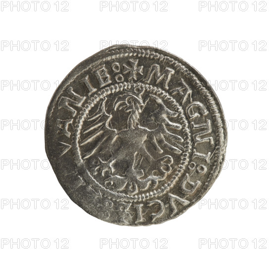 Lithuanian half-grosz, Sigismund I the Old (king of Poland; 1506–1548). R8 (rarity). Polish coin, Jagiellonians dynasty. Obverse: Chaser (Chaser coat of arms; Lithuania) turned left; in the rim between pearl borders an inscription: + COIN: MVN :. Reverse: Polish Eagle with a crown; in the rim between pearly borders an inscription: + MAGNI:DVCI, VANIE:; 1523. Grand Duchy of Lithuania; Poland; Vilnius.