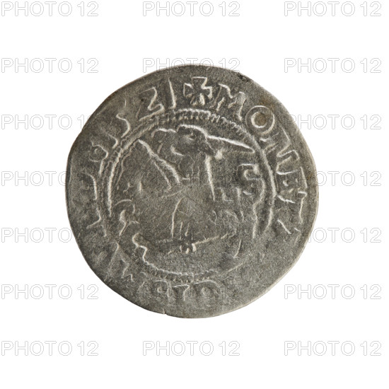 Lithuanian half-grosz, Sigismund I the Old (King of Poland; 1506–1548). Obverse: Pogon (Lithuanian charging knight) turned left; in the rim between pearly borders an inscription: + MONETA, GISMV, I:15Z1. Reverse: Polish crowned eagle; in the rim between pearly borders an inscription: + MAGNI:DVCI, VANIE.:., 1521. Silver coin (half-grosz), Grand Duchy of Lithuania, Vilnius.
