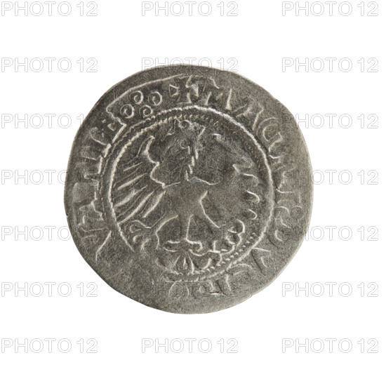 Lithuanian half-grosz, Sigismund I the Old (King of Poland; 1506–1548). Silver coin (half-grosz), 1521. Obverse: Pogon (Lithuanian charging knight) turned left; in the rim between pearly borders an inscription: + MONETA, GISMV, I:15Z1. Reverse: Polish crowned eagle; in the rim between pearly borders an inscription: + MAGNI:DVCI, VANIE.:., 1521. Associated with the Jagiellon dynasty; emblems: Pogon and Eagle. Grand Duchy of Lithuania (Vilnius), Poland.