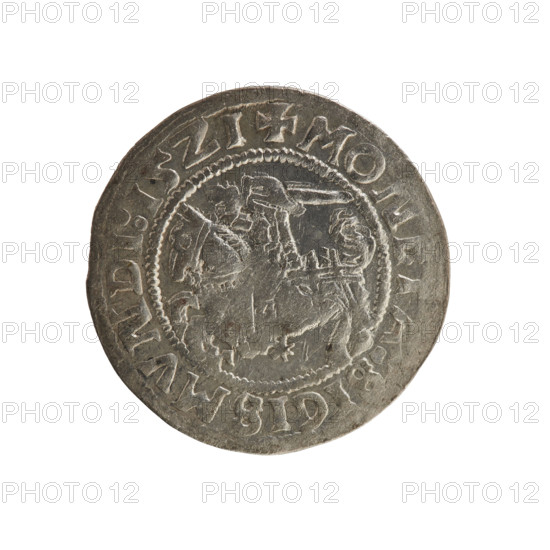 Lithuanian half-grosz, Sigismund I the Old (king of Poland; 1506–1548); Polish coin, Jagiellon dynasty; obverse: Pogon (Lithuanian emblem) facing left, inscription in rim between pearl borders: + MON, SIGISMVNDI:15Z1; reverse: crowned Polish eagle, inscription in rim between pearl borders: + MAGNI:DVCIS:LITVANIE:; dated 1521; Grand Duchy of Lithuania; Vilnius; coin.