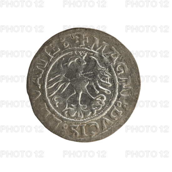 Lithuanian half-grosz, Sigismund I the Old (king of Poland; 1506–1548). Obverse: Pogon (Lithuanian charging knight) turned left; in the rim between pearl borders an inscription: + MON, SIGISMVNDI:15Z1. Reverse: Polish crowned eagle; in the rim between pearl borders an inscription: + MAGNI:DVCIS:LITVANIE:. Dated 1521. Grand Duchy of Lithuania (Vilnius). Polish coins; Jagiellon dynasty; emblems: Pogon, eagle.