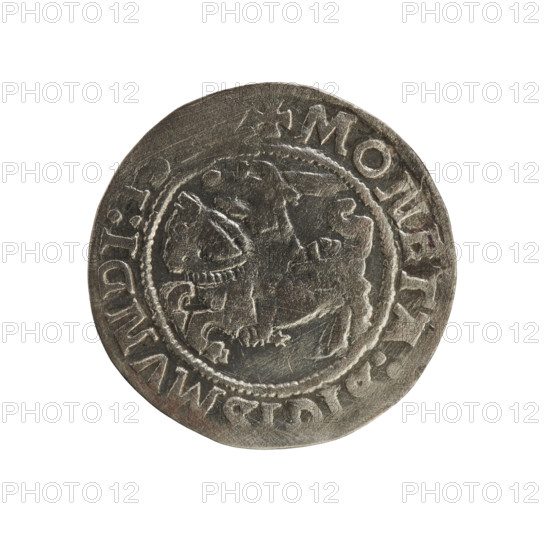 Lithuanian half-grosz, Sigismund I the Old (king of Poland; 1506–1548). Silver coin, 1522. Obverse: Pursuer (personification of Lithuania) turned left; inscription in rim between pearl borders: + COIN:, MVNDI:15. Reverse: Crowned Polish Eagle; inscription in rim between pearl borders: + MAGNI:DVCIS:LITVA, .:., 1522. Jagiellon dynasty; Grand Duchy of Lithuania; Vilnius.