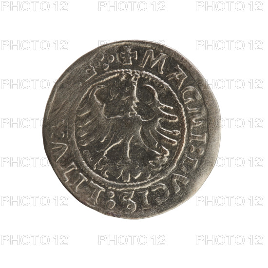 Lithuanian half-grosz, Sigismund I the Old (king of Poland; 1506–1548). Silver coin (half-grosz), 1522. Obverse: Pursuer (emblem of Lithuania) turned left; rim between pearl borders with inscription '+ COIN:, MVNDI:15'. Reverse: Polish crowned eagle; rim between pearl borders with inscription '+ MAGNI:DVCIS:LITVA .:. 1522'. Jagiellon dynasty; Grand Duchy of Lithuania, Vilnius.