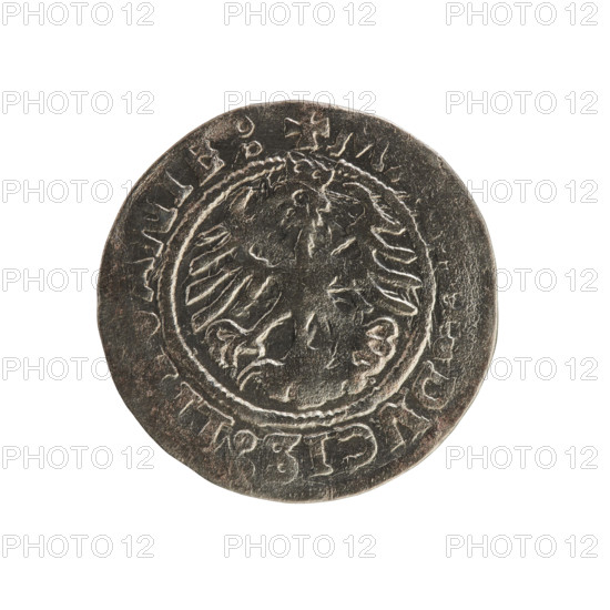 Lithuanian half-grosz, Sigismund I the Old (King of Poland; 1506–1548). Obverse: Pogon (Lithuanian coat of arms) turned left; in the rim between pearly borders an inscription: NETA:SI, NDI:15ZZ. Reverse: Polish crowned eagle; in the rim between pearly borders an inscription: + M, :DVCIS, LI, ANIE:, 1522. Grand Duchy of Lithuania, Vilnius; coin.