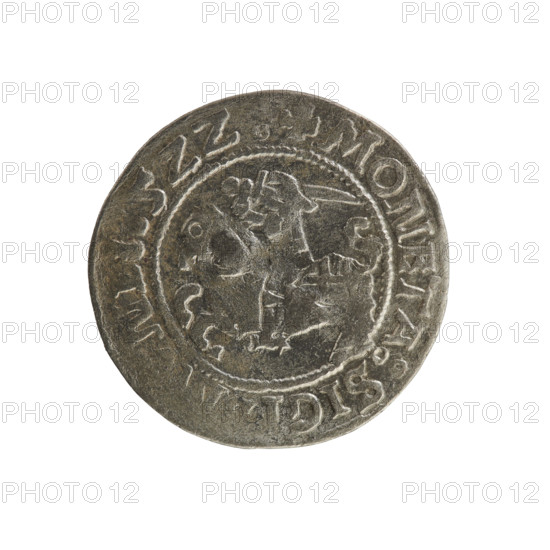 Lithuanian half-grosz, Sigismund I the Old (king of Poland; 1506–1548). Obverse: Pursuer (Pogonia) turned left; in the rim between pearl borders an inscription: + COIN:SIGI, NDI, 5ZZ:. Reverse: Polish crowned eagle; in the rim between pearly borders an inscription: + MAG, VCIS:LITVAN, E.:., 1522. Silver coin, 1522, Grand Duchy of Lithuania, Vilnius. Jagiellon dynasty; emblems: eagle and Pursuer.