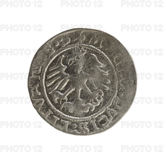 Lithuanian half-grosz, Sigismund I the Old (king of Poland, 1506–1548). Silver coin (1522). Obverse: Pursuer (Lithuanian emblem) turned left; rim inscription between pearl borders: + COIN:SIGI, NDI, 5ZZ:. Reverse: Polish crowned eagle; rim inscription between pearl borders: + MAG, VCIS:LITVAN, E.:. Emblems: eagle, pursuer. Grand Duchy of Lithuania; Poland; Vilnius.