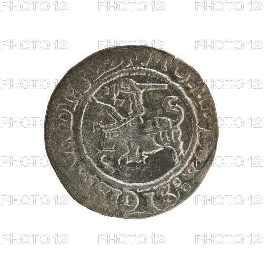 Lithuanian half-grosz, Sigismund I the Old (King of Poland; 1506–1548). Obverse: Pogon (Lithuanian knight) turned left; in rim between pearl-shaped borders an inscription: ON :SIGI. Reverse: crowned Polish eagle; in rim between pearl-shaped borders an inscription: + MAGNI, NIE:; dated 1522. Polish–Lithuanian coin, Jagiellon dynasty; emblems: eagle and Pogon; mint: Vilnius, Grand Duchy of Lithuania (Poland).