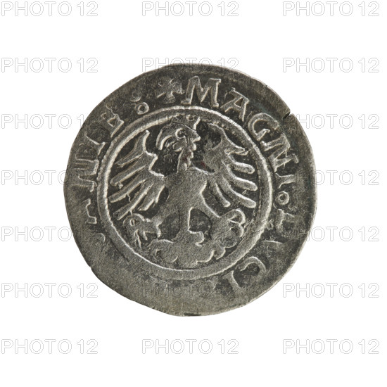Lithuanian half-grosz, Sigismund I the Old (King of Poland; 1506–1548). Polish coin, Jagiellon dynasty. Obverse: Pogon (Lithuanian charging knight) turned left; in the rim between pearl-shaped borders an inscription: ON :SIGI. Reverse: crowned Polish eagle; in the rim between pearl-shaped borders an inscription: + MAGNI, NIE:, 1522. Grand Duchy of Lithuania; Poland; Vilnius.
