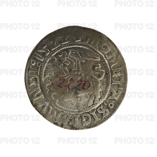 Lithuanian half-grosz, Sigismund I the Old (king of Poland; 1506–1548). R8 (rarity). Polish coin from the Jagiellonian dynasty. Obverse: Chaser (Lithuanian coat of arms) turned left; in the rim between pearl borders an inscription: ETA:SIG, MVNDI:15. Reverse: Polish crowned eagle; in the rim between pearly borders an inscription: AGNI, :LITVAN, E, 1522. Grand Duchy of Lithuania, Vilnius. Coin.