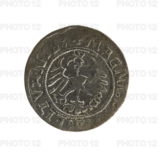 Lithuanian half-grosz, Sigismund I the Old (king of Poland; 1506–1548). R8 (rarity). Polish coin of the Jagiellonian dynasty (Grand Duchy of Lithuania, Vilnius), dated 1522. Obverse: Chaser (Chazer) turned left; in the rim between pearl borders an inscription: ETA:SIG, MVNDI:15. Reverse: Polish crowned eagle; in the rim between pearly borders an inscription: AGNI, :LITVAN, E, 1522.
