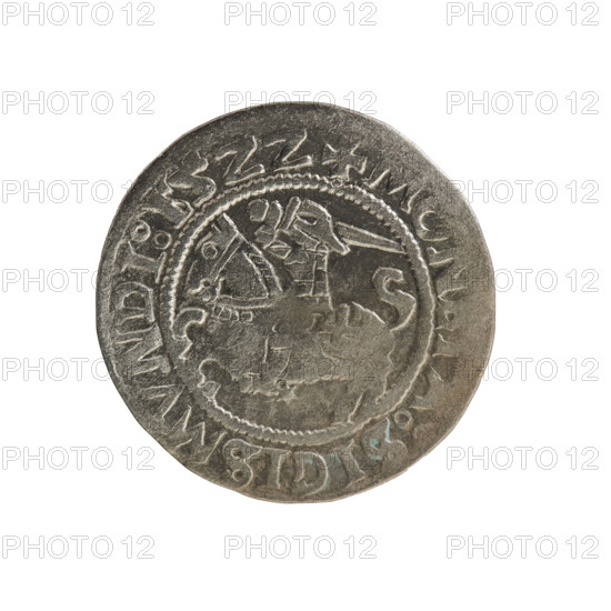 Lithuanian half-grosz, Sigismund I the Old (king of Poland; 1506–1548). Silver coin (half-grosz), 1522. Obverse: Pursuer (Lithuanian emblem) turned left; inscription in rim between pearl borders: + MON, A:SIGISMVNDI:15ZZ. Reverse: Polish crowned eagle; inscription in rim between pearl borders: + MAGNI:DVCI, ITVANIE:. Iconography: Polish eagle and Lithuanian Pursuer; Jagiellon dynasty emblems. Location: Vilnius; Grand Duchy of Lithuania; Poland.