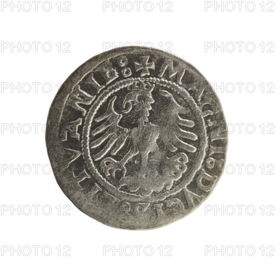 Lithuanian half-grosz, Sigismund I the Old (king of Poland; 1506–1548). Coin (half-grosz), 1522. Obverse: Pursuer (Lithuanian emblem) turned left; in the rim between pearl borders an inscription: + MONA:SIGISMVNDI:1522. Reverse: Polish crowned eagle; in the rim between pearl borders an inscription: + MAGNI:DVCI, ITVANIE:. Emblems: eagle and pursuer. Grand Duchy of Lithuania, Poland; minted in Vilnius.