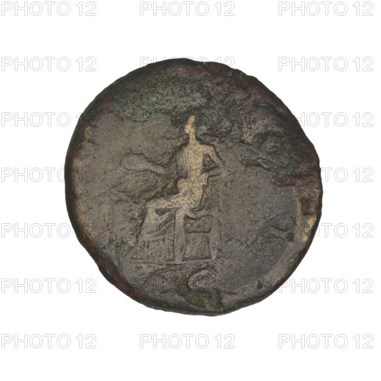 dupondius, Hadrian (76–138; Roman emperor 117–138); Salus (personification); radiant crowns; altars; paterae; heads. Obv.: head of Hadrian in radiant crown facing right; rim inscription obliterated. Rev.: Salus seated left, wearing a long robe; in her outstretched right hand she holds a patera from which she consecrates gifts on the lit altar in front of her; a snake is entwined around the altar; her left hand rests on the back of a chair; rim inscription obliterated. In the episode: SC; date: 119–138; Roman Empire (27 BC–476); Rome; coin; weight 9.35 g.
