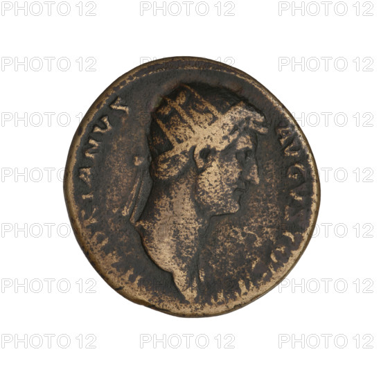 Dupondius of Hadrian (reigned 117–138). Obverse: head of Hadrian right wearing a radiant crown; rim inscription: HADRIANVS AVGVSTVS PP. Reverse: Hilaritas (personification) stands left, dressed in draperies, holding the top of a palm leaf placed on the ground in her right hand and a cornucopia in her left; before her at left a naked boy touches the palm leaf, and at right a naked girl touches the goddess's dress; marks SC at sides; rim inscription: HILARITAS PR; legend/issue details: COS III, 119–138. Coin, Roman Empire, weight 10.14 g.