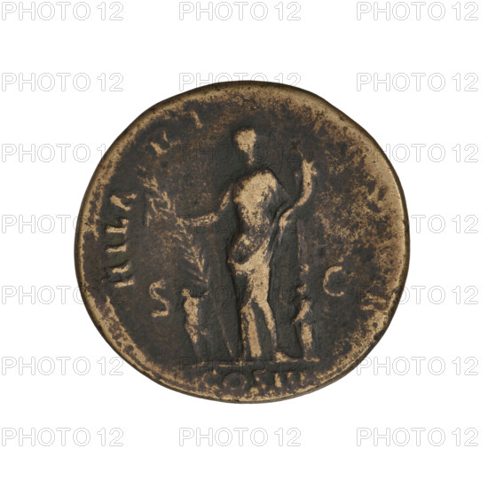 Dupondius, Hadrian (76–138; Roman Emperor 117–138). Obverse: head of Hadrian right wearing a radiant crown; rim inscription: HADRIANVS AVGVSTVS PP. Reverse: Hilaritas stands left, dressed in draperies, holding the top of a palm leaf placed on the ground in her right hand and a cornucopia in her left; in front of her on the left a naked boy stands touching the palm leaf, behind her on the right a naked girl stands touching the goddess's dress; control marks SC; rim inscription: HILARITAS PR. Date/Coinage episode: COS III, 119–138. Roman Empire, Rome. Coin, weight 10.14 g.