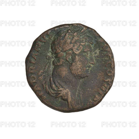 Hadrian (76–138; Roman emperor 117–138). Obverse: head of Hadrian in a laurel wreath facing right; rim inscription HADRIANVSAVGCOSIIIPP. Reverse: personification of Egypt seated on a rock facing left, wearing a long dress, holding a sistrum in her right hand, left hand resting on a rock; an ibis stands on a column before her; rim inscription obliterated; in a section the letters SC. Date: 119–138. Roman Empire (27 BC–476). Rome. Coin; weight 10.01 g.