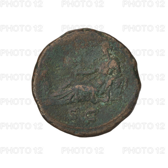 Hadrian (76–138; Roman emperor 117–138). Obverse: head of Hadrian in a laurel wreath facing right; rim inscription HADRIANVSAVGCOSIIIPP. Reverse: personification of Egypt seated on a rock facing left, wearing a long dress, holding a sistrum in her right hand, left hand resting on a rock; an ibis stands on a column in front of her; rim inscription obliterated, with letters SC in a section. Date: 119–138. Roman Empire (27 BC–476). Coin; weight 10.01 g.