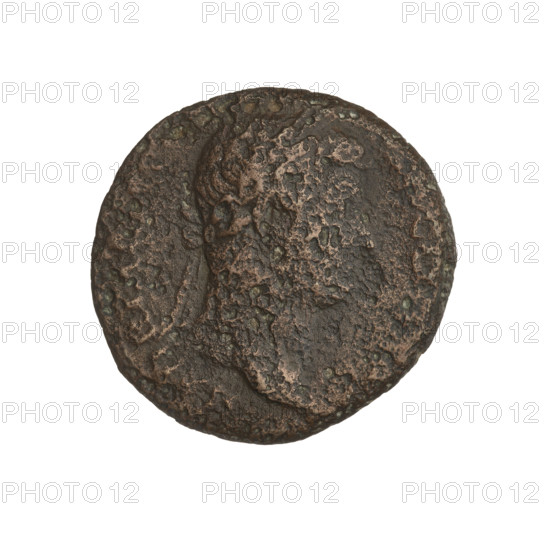 Hadrian (76–138; Roman Emperor 117–138). Coin (Roman, 134–138). Obverse: Bust of Hadrian with laurel wreath facing right; rim inscription H. Reverse: Hadrian standing right, wearing a toga, holding a scroll in his left hand; opposite him stands Felicitas to the left, wearing a long robe, they shake hands; Felicitas holds a caduceus in her left hand; rim inscription AVG. Marking: SC. Weight 11.48 g.