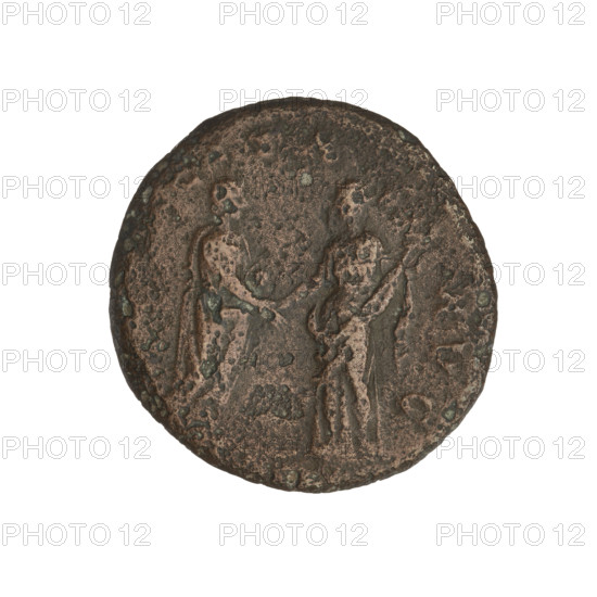 Hadrian (76–138; Roman Emperor 117–138). Coin (weight 11.48 g), Rome, 134–138. Obverse: Bust of Hadrian with laurel wreath facing right; rim inscription: H. Reverse: Hadrian standing right, wearing a toga, holding a scroll in his left hand; opposite him stands Felicitas (personification) to the left, wearing a long robe; they shake hands, and Felicitas holds a caduceus in her left hand; rim inscription: AVG; bottom: SC.
