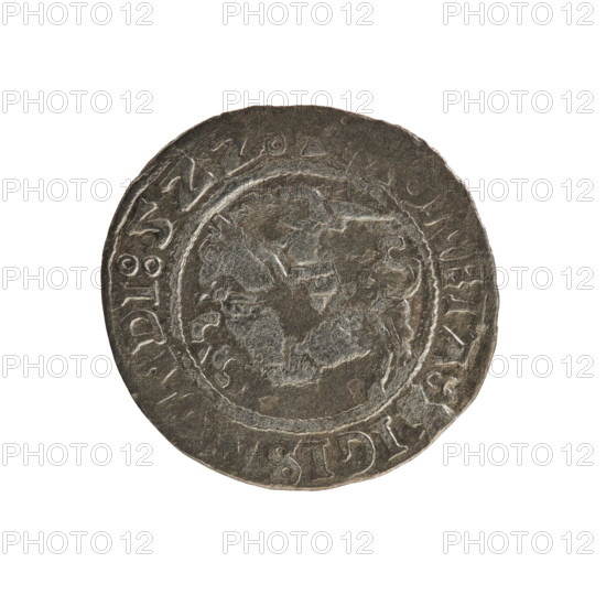 Lithuanian half-grosz, Sigismund I the Old (King of Poland; 1506–1548). Silver coin (half-grosz), 1522. Obverse: Pogon (Lithuanian mounted knight) facing left; legend in rim between pearl borders: NETA:SIGIS, NDI:5ZZ. Reverse: Polish crowned eagle; legend in rim between pearl borders: MAGNI:DVCIS:LIT. Jagiellon dynasty; Grand Duchy of Lithuania, Poland; Vilnius.