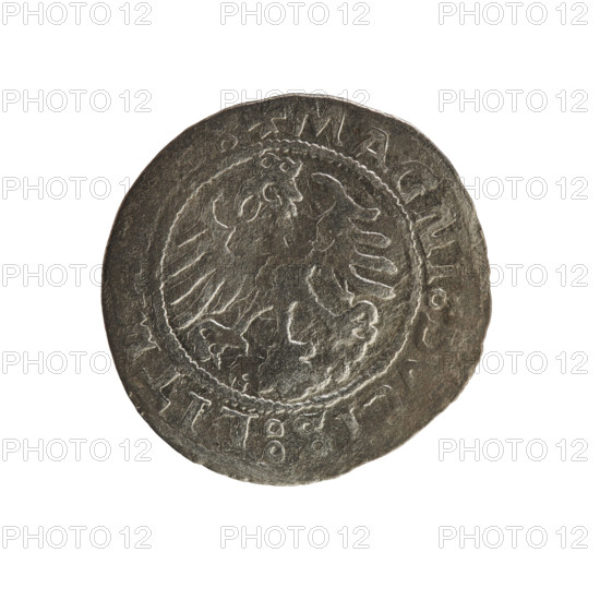 Lithuanian half-grosz, Sigismund I the Old (King of Poland; 1506–1548). Silver coin (half-grosz), 1522. Obverse: Pogon (Lithuanian charging knight) turned left; inscription in rim between pearl borders: NETA:SIGIS, NDI:5ZZ. Reverse: Polish crowned eagle; inscription in rim between pearl borders: MAGNI:DVCIS:LIT. Emblems: eagle, Pogon. Grand Duchy of Lithuania, Poland; mint: Vilnius.