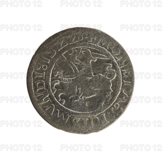 Lithuanian half-grosz, Sigismund I the Old (king of Poland; 1506–1548). R8 (rarity). Polish coin from 1522, Grand Duchy of Lithuania, Vilnius. Obverse: Chaser turned left; in the rim between pearl borders an inscription: + NETA: IGISMVNDI:15. Reverse: Polish crowned eagle; in the rim between pearly borders an inscription: MAGNI DVCIS:LITVA, IE.:., 1522. Subjects/styles: Jagiellonians dynasty, coats of arms, eagles.