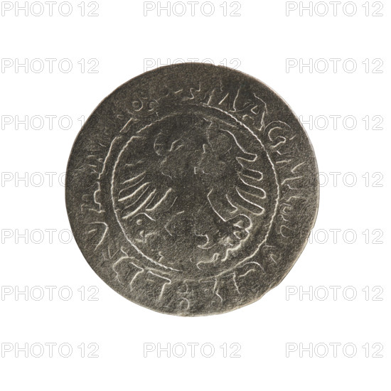 Lithuanian half-grosz, Sigismund I the Old (king of Poland; 1506–1548). R8 (rarity). Polish coin of the Jagiellonian dynasty. Obverse: Chaser (coat of arms of Lithuania) turned left; in the rim between pearl borders an inscription: + NETA: IGISMVNDI:15. Reverse: Polish crowned eagle; in the rim between pearly borders an inscription: MAGNI DVCIS:LITVA IE.:. 1522. Grand Duchy of Lithuania — Poland; Vilnius; coin.