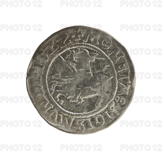 Lithuanian half-grosz, Sigismund I the Old (king of Poland; 1506–1548). Silver coin (half-grosz), 1522. Obverse: Pursuer (Lithuanian emblem) turned left; rim between pearl borders inscribed '+ COIN:SIGISMVND, ZZ'. Reverse: Polish crowned eagle; rim between pearl borders inscribed '+ MAGNI:DVCIS:LITVANIE.:.'. Jagiellon dynasty; emblems: eagle and Pursuer. Grand Duchy of Lithuania, Poland; Vilnius.