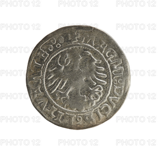 Lithuanian half-grosz, Sigismund I the Old (king of Poland; 1506–1548), 1522. Silver coin (half-grosz). Obverse: Pursuer (Pogon) turned left; in the rim between pearl borders an inscription: + COIN:SIGISMVND, ZZ. Reverse: Polish crowned eagle; in the rim between pearly borders an inscription: + MAGNI:DVCIS:LITVANIE.:. Emblems: eagle and Pursuer. Grand Duchy of Lithuania, Poland; struck in Vilnius.