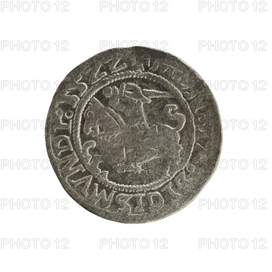 Lithuanian half-grosz, Sigismund I the Old (king of Poland; 1506–1548). R8 (rarity). Polish coin, Jagiellon dynasty. Obverse: Chaser (Chaser coat of arms; Lithuania) turned left; in rim between pearly borders an inscription: NIGISMVNDI:15ZZ. Reverse: Polish crowned Eagle; in rim between pearly borders an inscription: + MAGNI, DVC, ITVANIE:; date 1522. Grand Duchy of Lithuania (Vilnius), Poland.