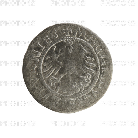 Lithuanian half-grosz, Sigismund I the Old (king of Poland; 1506–1548). R8 (rarity). Polish coin from 1522, Grand Duchy of Lithuania (Vilnius). Obverse: Chaser (coat of arms; Lithuania) turned left; in rim between pearly borders an inscription: N IGISMVNDI:15ZZ. Reverse: Polish crowned eagle; in rim between pearly borders an inscription: + MAGNI, DVC, ITVANIE:, 1522. Subjects: Jagiellons (dynasty), coats of arms, eagles. Materials/function: coin.