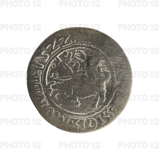 Lithuanian half-grosz, Sigismund I the Old (King of Poland; 1506–1548). Obverse: Pogon (Lithuanian mounted knight) turned left; in rim between pearl borders an inscription SIGISMVNDI:15ZZ. Reverse: Polish crowned eagle; in rim between pearl borders an inscription MAGNI:DV, LITVA, 1522. Polish coin of the Jagiellon dynasty; Grand Duchy of Lithuania; made in Vilnius.