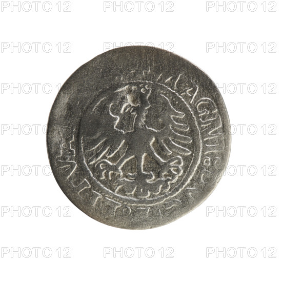 Lithuanian half-grosz, Sigismund I the Old (King of Poland; 1506–1548). Obverse: Pogon (mounted knight) turned left; rim between pearl borders with inscription SIGISMVNDI:15ZZ. Reverse: Polish crowned eagle; rim between pearl borders with inscription MAGNI:DV, LITVA, 1522. Jagiellon dynasty; emblems: eagle and Pogon. Grand Duchy of Lithuania; Poland; minted in Vilnius. Coin; 1522.