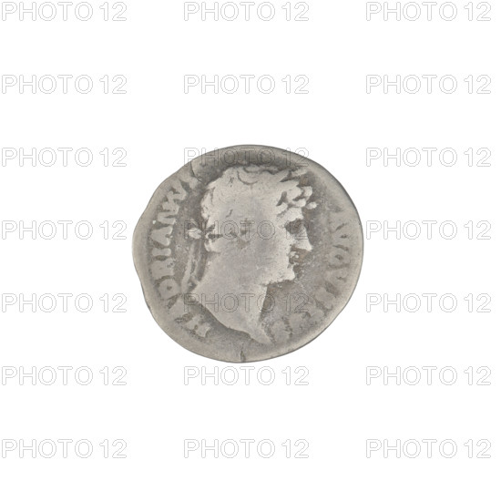 Denarius, Hadrian (76–138; Roman emperor 117–138). Obverse: head of Hadrian in laurel wreath facing right; rim inscription: HADRIANVS AVGVSTVS. Reverse: Concordia seated left, dressed in a long robe, holding a patera in her outstretched right hand, with her left hand resting on the figure of Spes on a small base at the back of the chair; rim inscription: COS III. 125–128 CE. Roman coin; weight 2.26 g.