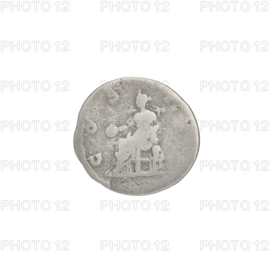 Denarius, Hadrian (76–138; Roman emperor 117–138). Obverse: head of Hadrian in laurel wreath facing right; rim inscription HADRIANVSAVGVSTVS. Reverse: Concordia seated left, dressed in a long robe, holding a patera in her outstretched right hand, with her left hand resting on the figure of Spes on a small base at the back of the chair; rim inscription COS III. Date: 125–128. Roman Empire (27 BC–476), Rome. Coin; weight 2.26 g.