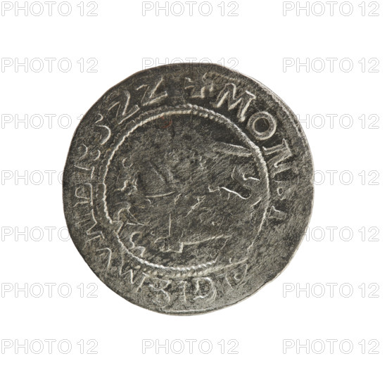 Lithuanian half-grosz, Sigismund I the Old (king of Poland; 1506–1548). Obverse: Pogon (mounted knight) turned left; rim between pearl borders with inscription '+ MON, IGISMVNDI:5ZZ'. Reverse: Polish crowned eagle; rim between pearl borders with inscription 'AGNI:DVCIS:LITVANIE.:.'. Dated 1522. Material: coin; region: Grand Duchy of Lithuania / Poland, Vilnius. Categories/styles: Polish coins; Jagiellon dynasty; emblems (eagle, Pogon).