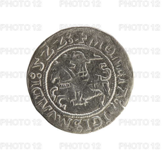 Lithuanian half-grosz, Sigismund I the Old (king of Poland; 1506–1548), 1522. Silver coin (half-grosz). Obverse: Pursuer (Pahonia) turned left; rim inscription between pearl borders: + MON A IGISMVNDI 5ZZ. Reverse: Polish crowned eagle; rim inscription between pearl borders: + GNI DVCIS LITVANIE. Emblems: eagles, Pursuer (Lithuania). Grand Duchy of Lithuania, Poland; struck in Vilnius.