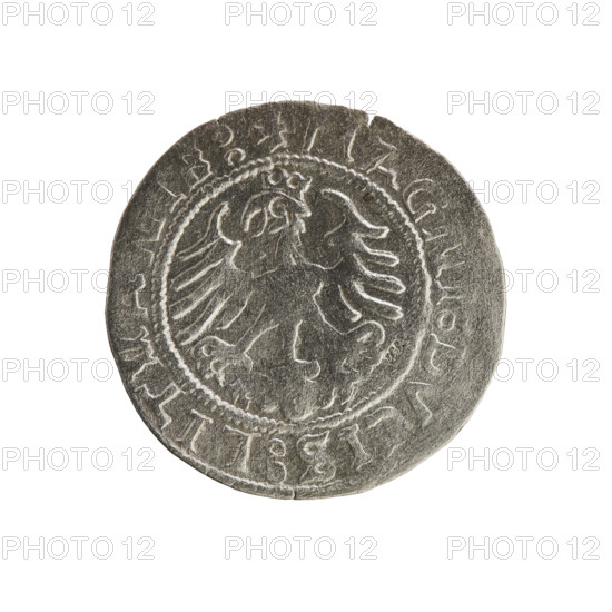 Lithuanian half-grosz, Sigismund I the Old (king of Poland; 1506–1548), 1522. Silver coin (half-grosz). Obverse: Pursuer (Lithuanian emblem) turned left; rim inscription between pearl borders: + MON A IGISMVNDI 5ZZ. Reverse: Crowned Polish eagle; rim inscription between pearl borders: + GNI DVCIS LITVANIE. Jagiellon dynasty; Grand Duchy of Lithuania; Poland; Vilnius.