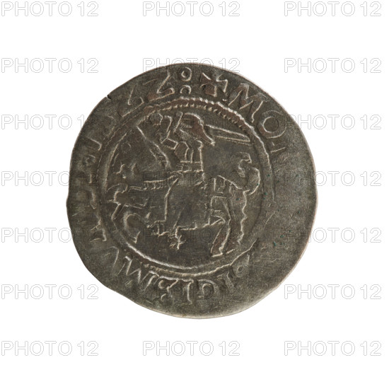 Lithuanian half-grosz, Sigismund I the Old (king of Poland; 1506–1548). Silver coin (half-grosz), 1522. Obverse: Pursuer (Lithuanian emblem) turned left; in the rim between pearled borders an inscription: + MO, IGISM, 1, ZZ. Reverse: Crowned Polish eagle; in the rim between pearled borders an inscription: + MAG, IS:LITVANIE, 1522. Jagiellon dynasty; emblems: eagle and Pursuer; Grand Duchy of Lithuania, Poland; Vilnius.