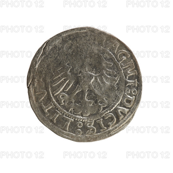 Lithuanian half-grosz, Sigismund I the Old (King of Poland; 1506–1548). Obverse: Pogon turned left; in the rim between pearl-shaped borders an inscription: + MO ISMVNDI ZZ. Reverse: Polish crowned eagle; in the rim between pearl-shaped borders an inscription: AGNI DVCIS LITVA, 1522. Silver coin of the Grand Duchy of Lithuania (Poland), early 16th century; Jagiellon dynasty emblems (eagle, Pogon).